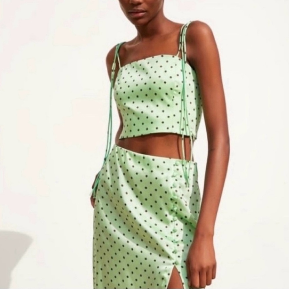 Zara green and black polka dot self tie crop top